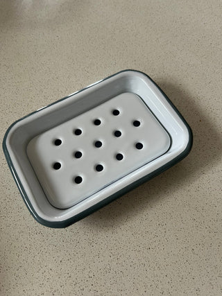 Grey and white enamel soap dish
