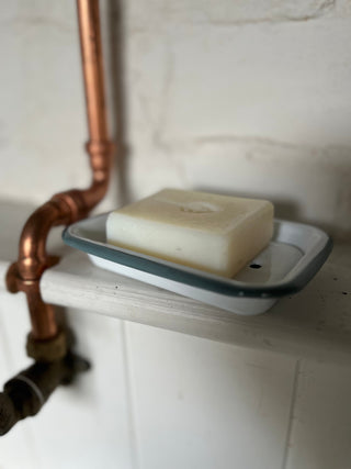 Grey and white enamel soap dish