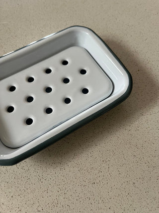 Grey and white enamel soap dish
