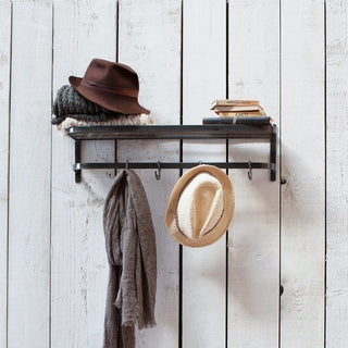 Railway carriage style shelf with hooks