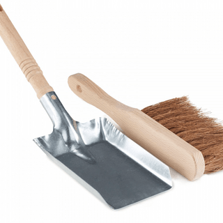 Metal and wood dustpan and brush