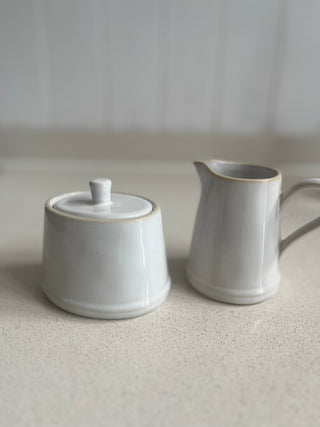 Stoneware sugar bowl and creamer jug